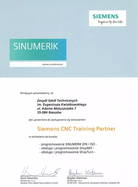 Certyfikat potwierdzający partnerstwo z firmą SIEMENS